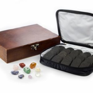 Kit para Massagem com 20 Pedras Vulcânicas e 9 Cristais – Caixa de Madeira